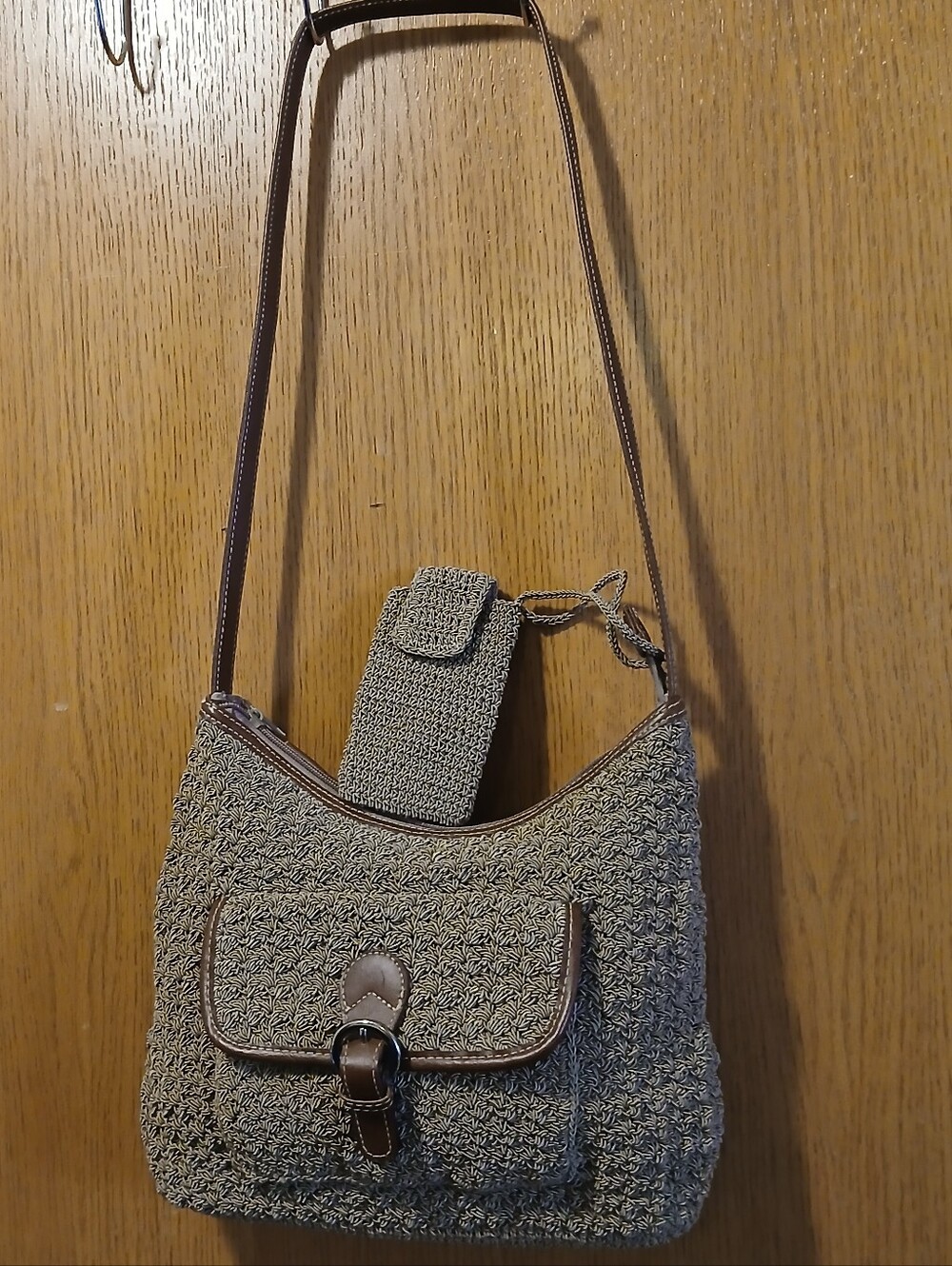 Woven Texture Hobo Shoulder Bag with Matching Accessory Pouch - Neutral Brown